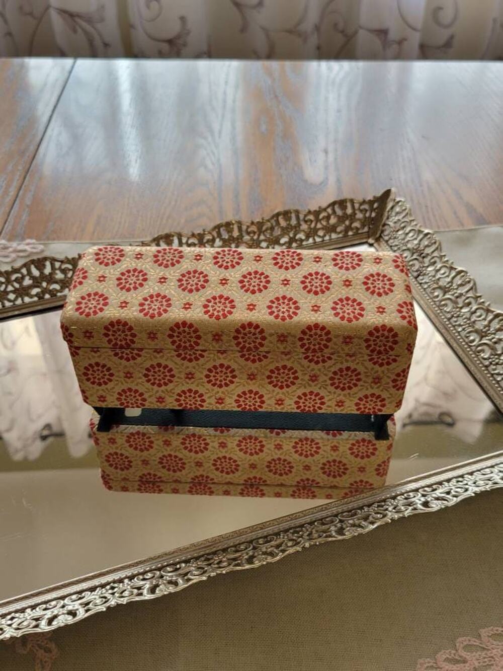 Vintage Mid Century Japanese Brocade Jewelry Music Box Floral Red Gold Ornate